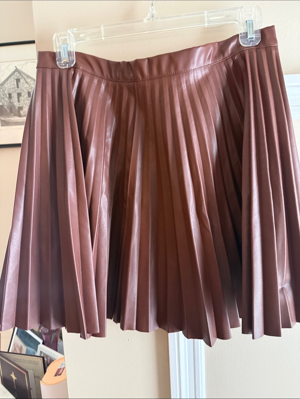 Gilli Chocolate Brown Faux Leather Pleated Skater Skirt